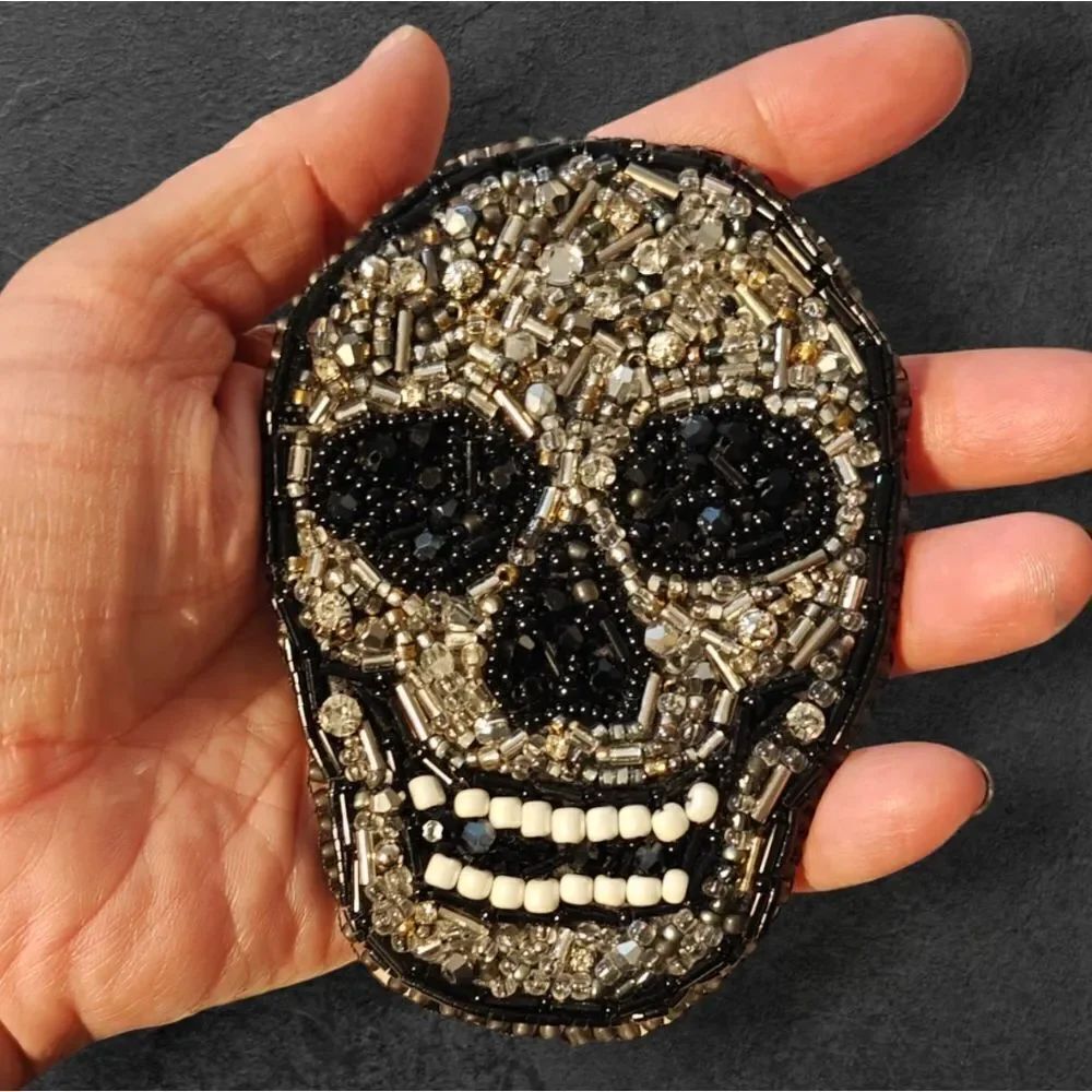 Murka Designer's Hand Beaded Skull Brooch - Black and Silver Large
